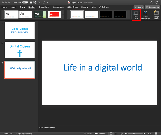 Apasă pe butonul Slide Size din PowerPoint pe macOS