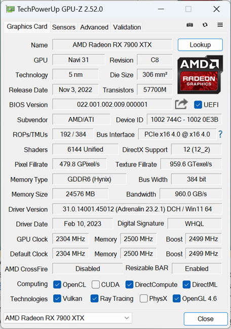 AMD Radeon RX 7900 XTX: Specificații tehnice