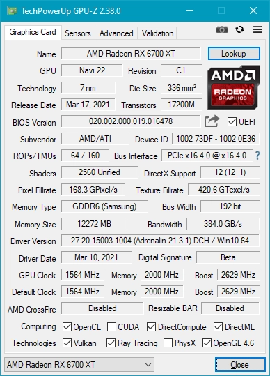AMD Radeon RX 6700 XT: Detalii afișate de GPU-Z