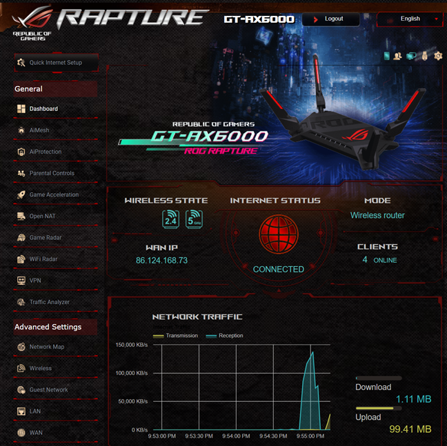 InterfaÈ›a de administrare pentru ASUS ROG Rapture GT-AX6000