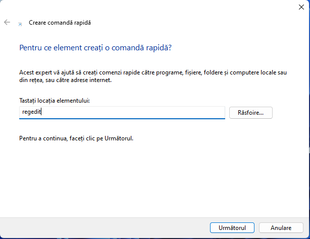 CreazÄƒ o scurtÄƒturÄƒ cÄƒtre regedit