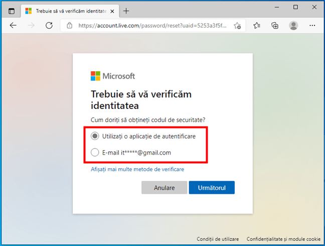 Alternativa de a primi codul de securitate de la Microsoft la o adresă de e-mail