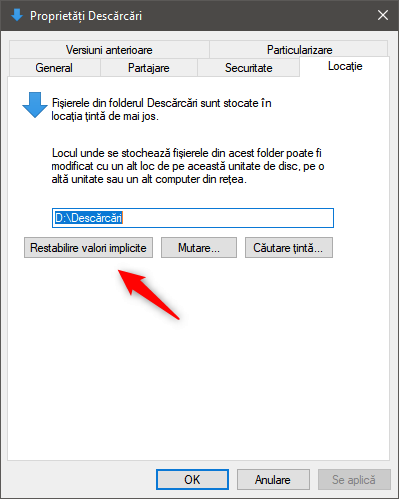 Restaurarea folderului Descărcări în Windows 10