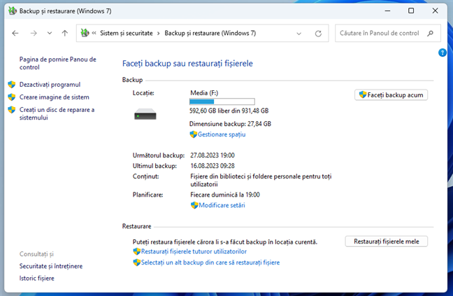Instrumentul Backup È™i restaurare (Windows 7)