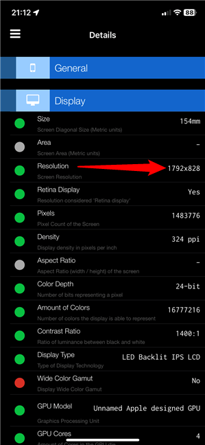 Rezoluția ecranului unui iPhone afișată în Lirum Device Info Lite