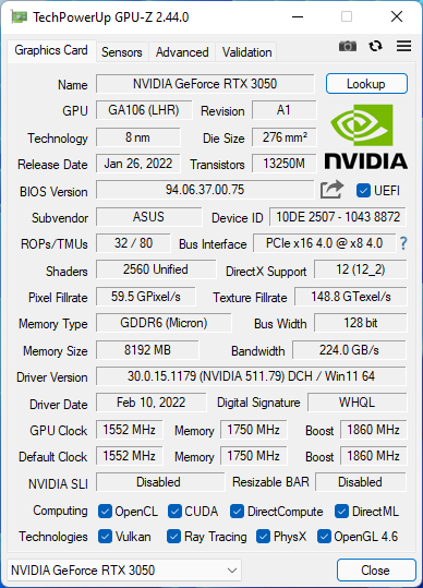GPU-Z - Detalii despre ASUS ROG Strix GeForce RTX 3050