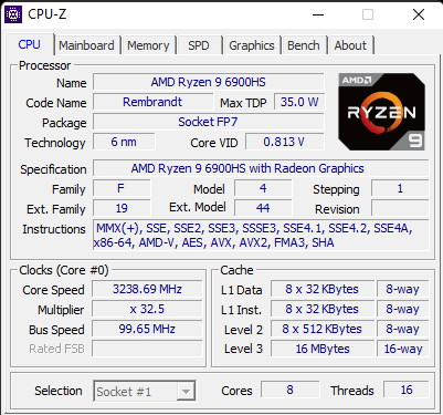 Detalii despre procesor afișate de CPU-Z