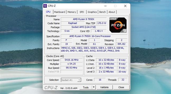 AMD Ryzen 9 7950X: SpecificaÈ›ii afiÈ™ate de CPU-Z