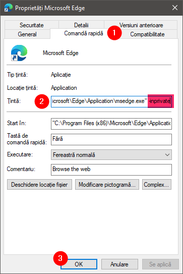 ScurtÄturÄ Microsoft Edge ce deschide o fereastrÄ privatÄ