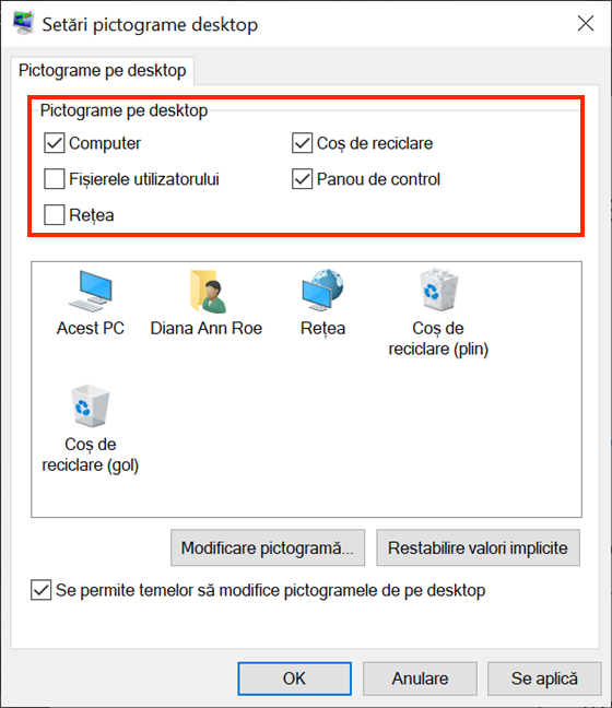 Selectează pictogramele pe care le vrei pe desktop în Windows 10