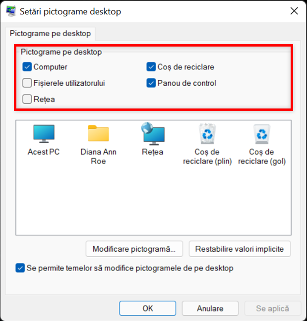 Selectează pictogramele pe care le vrei pe desktop în Windows 11