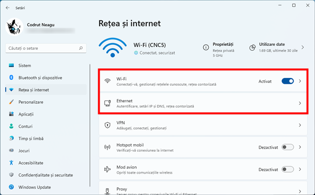 AcceseazÄƒ setÄƒrile pentru Wi-Fi sau Ethernet