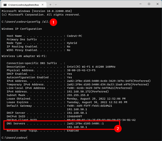 Rularea comenzii ipconfig pentru a gÄƒsi serverele DNS Ã®n CMD