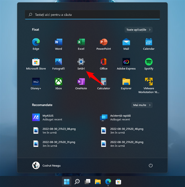 ScurtÄƒtura SetÄƒri din Meniul Start al Windows 11