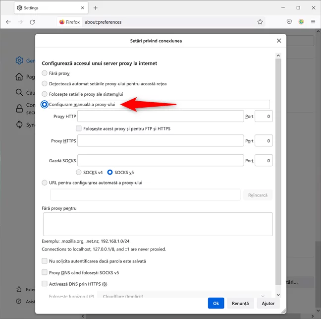 Configurează manual serverul proxy din Firefox
