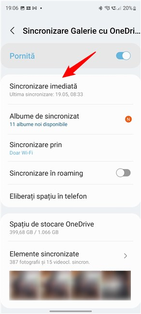 Apasă pe Sincronizare imediată pentru a forța sincronizarea fotografiilor de pe Samsung cu OneDrive