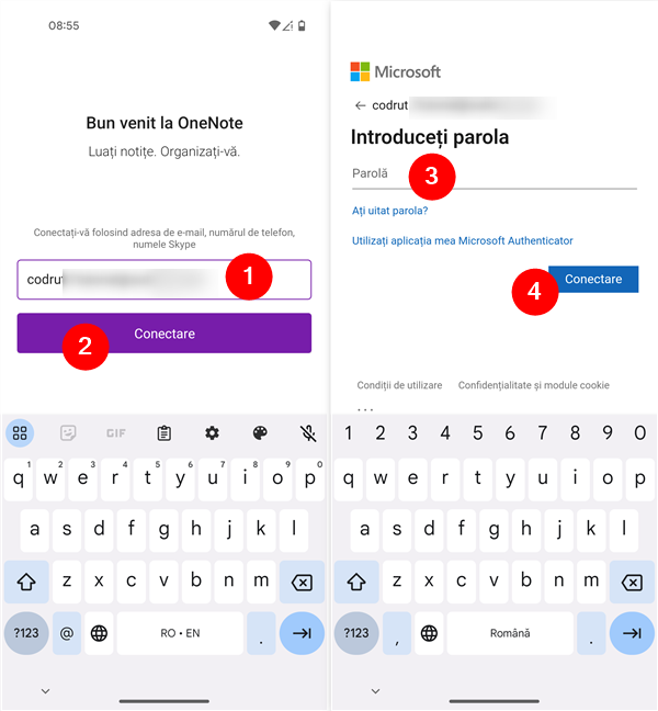 Conectarea la OneNote pe Android cu un cont Microsoft