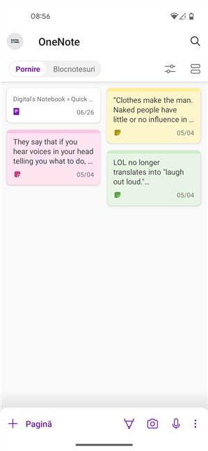 AplicaÈ›ia OneNote de pe Android aratÄƒ toate Notele adezive