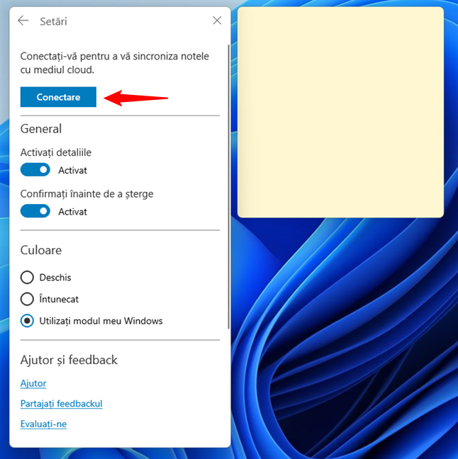 ApasÄƒ pe butonul Conectare din Note adezive Ã®n Windows 11