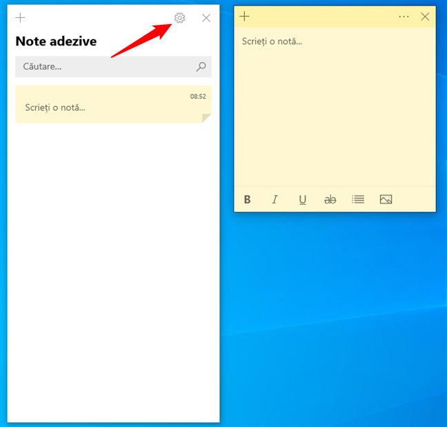 Butonul SetÄƒri din Note adezive Ã®n Windows 10