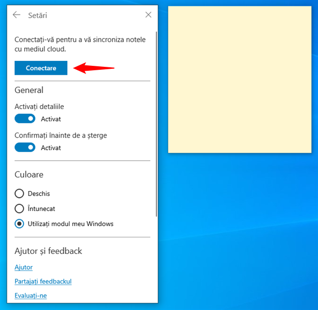 ConecteazÄƒ-te la Note adezive Ã®n Windows 10