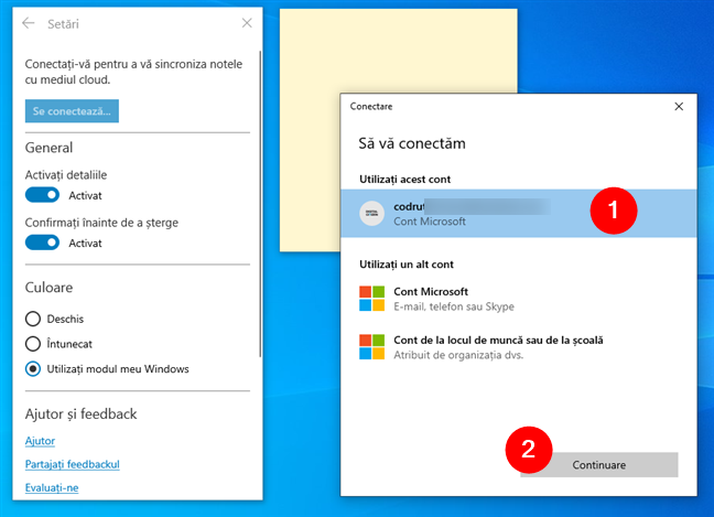 Alegerea contului Microsoft folosit pentru conectarea la Note adezive
