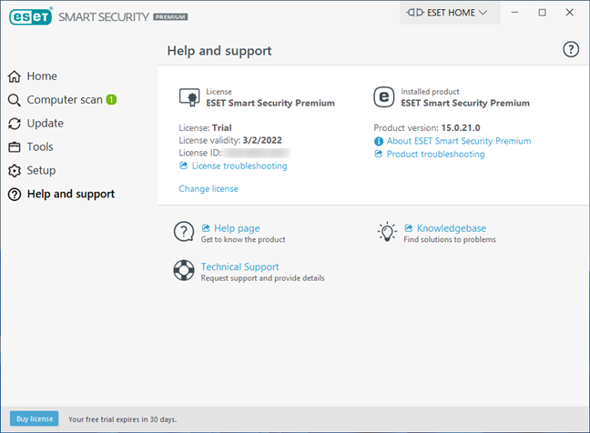 Opțiunile de ajutor și suport disponibile în ESET Smart Security Premium