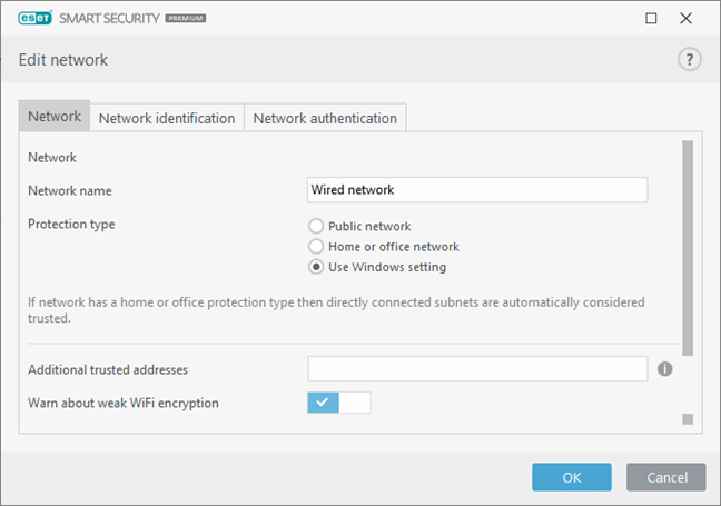 Opțiunile pentru tipul de protecție al rețelei oferite de firewallul ESET