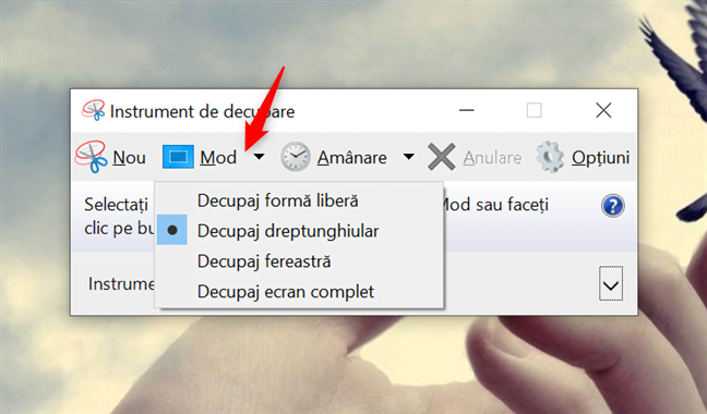 Butonul Mod din Instrumentul de decupare din Windows 10
