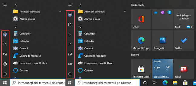Meniul Start din Windows 10 cu mai multe foldere adăugate vs lista implicită