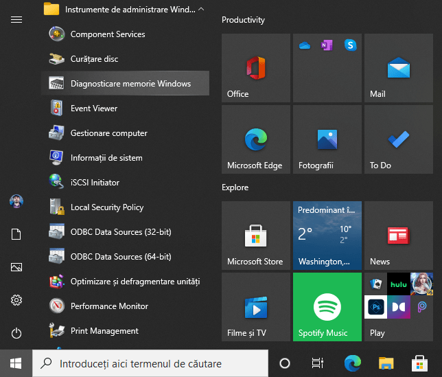 ScurtÄƒtura Diagnosticare memorie Windows din Meniul Start al Windows 10