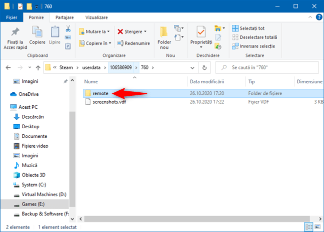 Deschiderea folderului remote din Steam