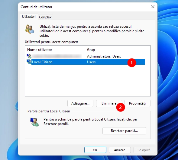 Ștergerea unui cont din Windows 11 cu netplwiz