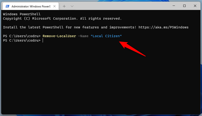 Eliminarea unui cont din Windows 11 cu PowerShell, în Windows Terminal