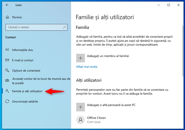 Familie și alți utilizatori în Setările din Windows 10