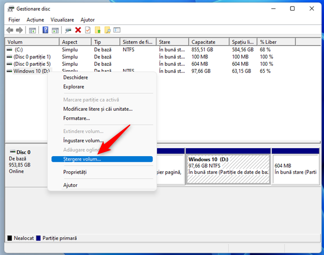 Ștergerea unei partiții de Windows cu Gestionare disc