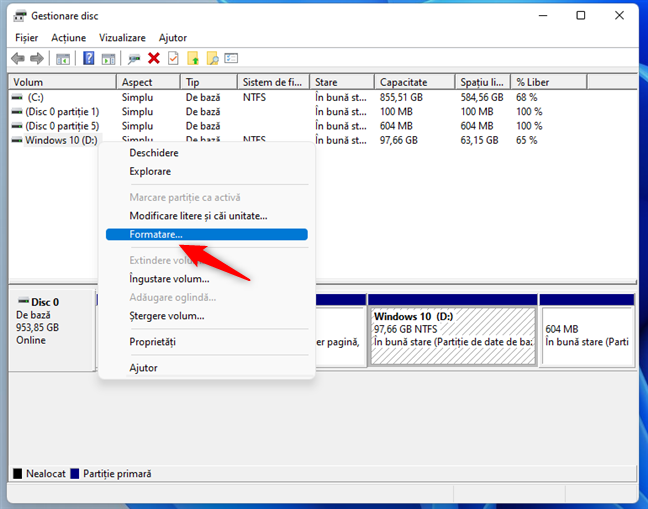 Formatarea unei partiții de Windows cu Gestionare disc