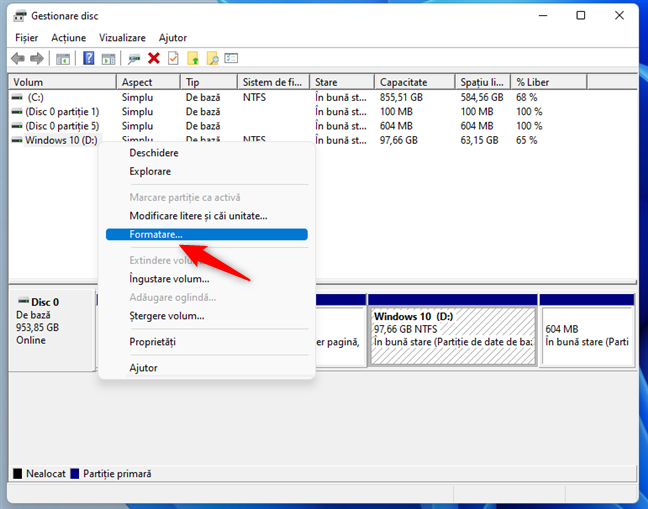 Formatarea unei partiÈ›ii de Windows cu Gestionare disc
