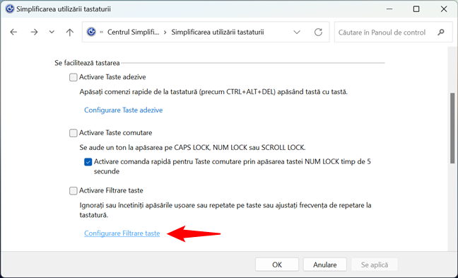 Configurare Filtrare taste