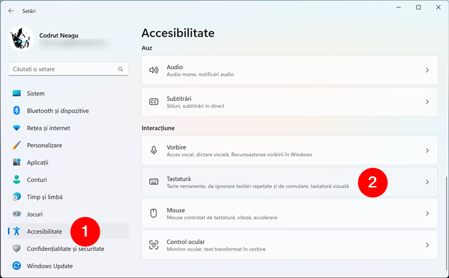SetÄƒrile TastaturÄƒ din secÈ›iunea Accesibilitate din Windows 11
