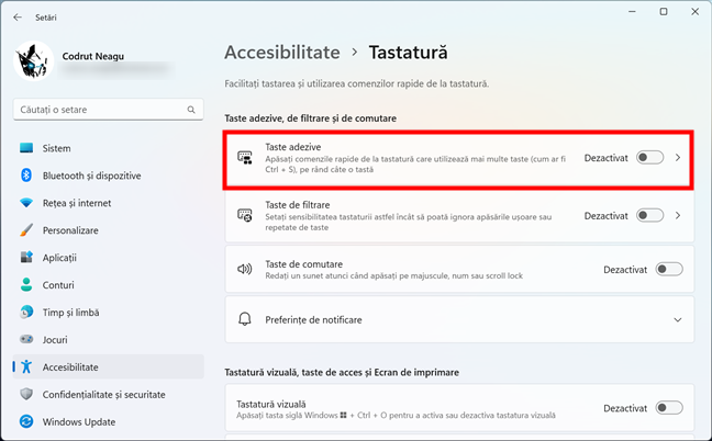 Rubrica Taste adezive din Accesibilitate Ã®n Windows 11