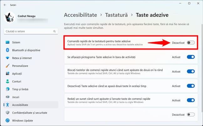 Cum dezactivezi Tastele adezive Ã®n Windows 11