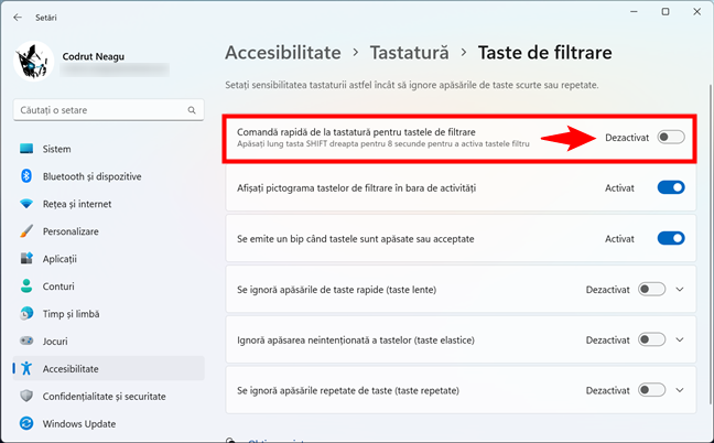 Cum dezactivezi Tastele de filtrare Ã®n Windows 11