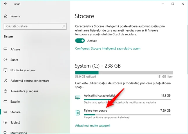 Utilizare spațiu de stocare de către fișierele temporare din Windows 10