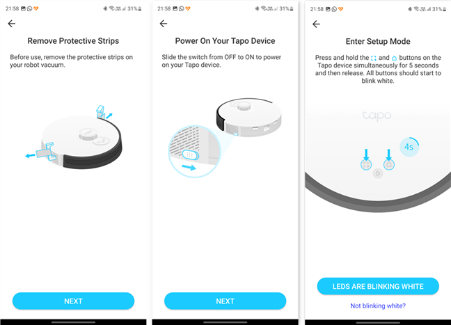 Intrarea Ã®n modul de configurare a dispozitivului TP-Link Tapo RV30 Plus