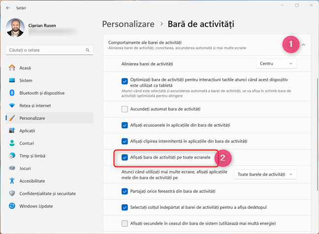 BifeazÄƒ caseta pentru AfiÈ™aÈ›i bara de activitÄƒÈ›i pe toate ecranele