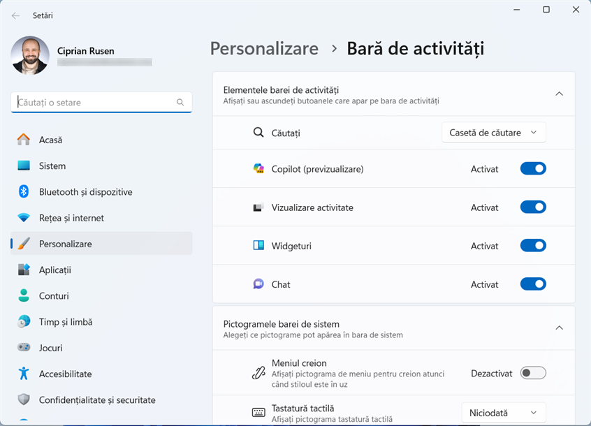 Toate setÄƒrile de personalizare a barei de activitÄƒÈ›i