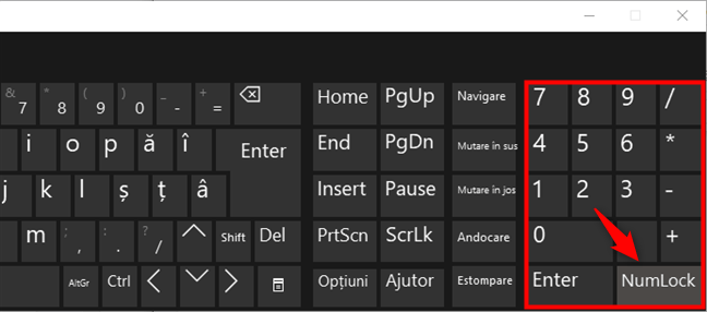 Taste numerice pe tastatura virtuală din Windows 10