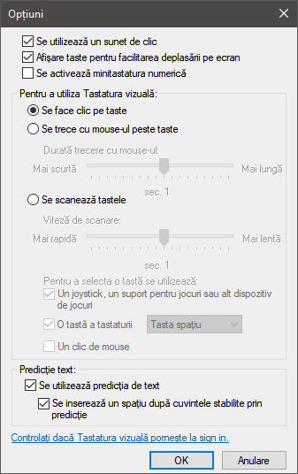 Opțiuni disponibile pentru Tastatura vizuală din Windows 10