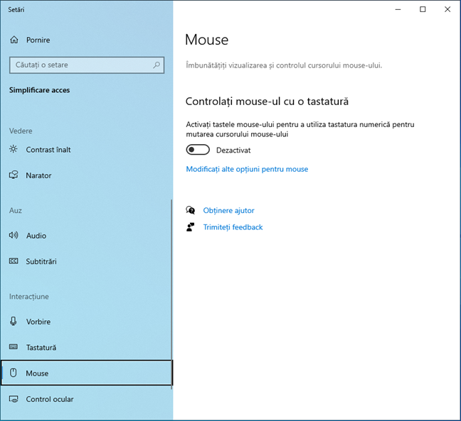 ÃŽn SetÄƒrile din Windows 10, acceseazÄƒ Simplificare acces > Mouse